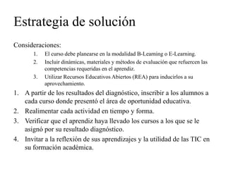 Estrategia de solución 
Consideraciones: 
1.El curso debe planearse en la modalidad B-Learning o E-Learning. 
2.Incluir dinámicas, materiales y métodos de evaluación que refuercen las competencias requeridas en el aprendiz. 
3.Utilizar Recursos Educativos Abiertos (REA) para inducirlos a su aprovechamiento. 
1.A partir de los resultados del diagnóstico, inscribir a los alumnos a cada curso donde presentó el área de oportunidad educativa. 
2.Realimentar cada actividad en tiempo y forma. 
3.Verificar que el aprendiz haya llevado los cursos a los que se le asignó por su resultado diagnóstico. 
4.Invitar a la reflexión de sus aprendizajes y la utilidad de las TIC en su formación académica. 
 
