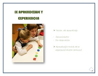 IX APRENDIZAJE Y
  EXPERIENCIA


                    Teorías del aprendizaje

                   - Sensoriomotor
                   - Por observación

                    Aprendizaje a través de la
                     experiencia directa (articulo)




                                                      40
 