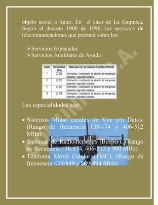 objeto social a tratar. En el caso de La Empresa,
Según el decreto 1900 de 1990, los servicios de
telecomunicaciones que prestará serán los:

 Servicios Especiales
 Servicios Auxiliares de Ayuda




Las especialidades son:

 Sistemas Mono canales de Voz y/o Datos.
  (Rango de frecuencia 138-174 y 406-512
  MHz)
 Sistemas de Radiomensajes (Beeper). (Rango
  de frecuencia 138-174, 406-512 y 900 MHz)
 Telefonía Móvil Celular (TMC). (Rango de
  frecuencia 824-849 y 869-894 MHz)
 