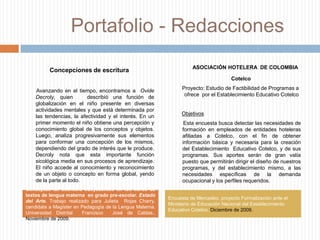   Portafolio - Redacciones     ¿Sabías que los fitoesteroles te pueden ayudar a reducir los niveles altos de “colesterol malo”?Una vez alojados en los intestinos, los fitoesteroles actúan capturando la grasa saturada ingerida impidiendo que ésta sea absorbida y almacenada en venas y arterias. De esta forma se disponen a evacuarlas rápida y eficazmente, a través del metabolismo normal.    Gracias a este mecanismo 100% natural y sencillo los fitoesteroles contribuyen de modo directo a reducir y controlar los niveles de colesterol LDL o colesterol malo presentes en su organismo. Así  se evita que grasas altamente perjudiciales y muy comunes en la alimentación diaria se depositen en las venas y arterias, causando taponamientos y en consecuencia la aparición de una de las mayores amenazas para la salud actualmente……..Cero y van tres        Internacional         Así las cosas, ya son tres los hijos que el ex obispo habría concebido. El escándalo podría tener dimensiones mayores ya que la última supuesta madre, Damiana Morán, aseguró que conoce seis casos más como el suyo. “Mi hijo se llama Juan Pablo, en honor al papa Juan Pablo II, y lo tuve con el presidente Lugo. Quiero anticipar que conozco seis mujeres más que también procrearon hijos con él”, aseguró la mujer de 39 años. Para muchos paraguayos el problema forma parte de “la vida privada de Lugo”, sin embargo, es evidente que el mandatario pierde popularidad.        La iglesia ha tomado distancia, pues su imagen se está viendo seriamente afectada. El obispo de la Ciudad del Este, Rogelio Livieres, afirmó que Monseñor Antonio Lucibello, nuncio apostólico en……… Corrección de estilo para EL ESPECTADOR, redacción Internacionales. Edición abril 23 de 2009.Cuartilla brochure, redactado para Loyalty  Comunicaciones Estratégicas, Colombia,  julio de 2009.