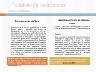     Portafolio de redaccionesSusana Velásquez     ¿Sabías que los fitoesteroles te pueden ayudar a reducir los niveles altos de “colesterol malo”?Una vez alojados en los intestinos, los fitoesteroles actúan capturando la grasa saturada ingerida impidiendo que ésta sea absorbida y almacenada en venas y arterias. De esta forma se disponen a evacuarlas rápida y eficazmente, a través del metabolismo normal.    Gracias a este mecanismo 100% natural y sencillo los fitoesteroles contribuyen de modo directo a reducir y controlar los niveles de colesterol LDL o colesterol malo presentes en su organismo. Así  se evita que grasas altamente perjudiciales y muy comunes en la alimentación diaria se depositen en las venas y arterias, causando taponamientos y en consecuencia la aparición de una de las mayores amenazas para la salud actualmente……..Cero y van tres        Internacional         Así las cosas, ya son tres los hijos que el ex obispo habría concebido. El escándalo podría tener dimensiones mayores ya que la última supuesta madre, Damiana Morán, aseguró que conoce seis casos más como el suyo. “Mi hijo se llama Juan Pablo, en honor al papa Juan Pablo II, y lo tuve con el presidente Lugo. Quiero anticipar que conozco seis mujeres más que también procrearon hijos con él”, aseguró la mujer de 39 años. Para muchos paraguayos el problema forma parte de “la vida privada de Lugo”, sin embargo, es evidente que el mandatario pierde popularidad.        La iglesia ha tomado distancia, pues su imagen se está viendo seriamente afectada. El obispo de la Ciudad del Este, Rogelio Livieres, afirmó que Monseñor Antonio Lucibello, nuncio apostólico en……… Corrección de estilo para EL ESPECTADOR, redacción Internacionales. Edición abril 23 de 2009.Cuartilla brochure, redactado para Loyalty  Comunicaciones Estratégicas, Colombia,  julio de 2009.