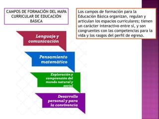 Los campos de formación para la
Educación Básica organizan, regulan y
articulan los espacios curriculares; tienen
un carácter interactivo entre sí, y son
congruentes con las competencias para la
vida y los rasgos del perfil de egreso.
CAMPOS DE FORMACIÓN DEL MAPA
CURRICULAR DE EDUCACIÓN
BÁSICA
 