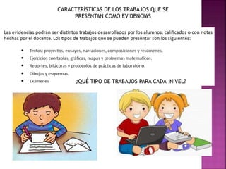 CARACTERÍSTICAS DE LOS TRABAJOS QUE SE
PRESENTAN COMO EVIDENCIAS
¿QUÉ TIPO DE TRABAJOS PARA CADA NIVEL?
 