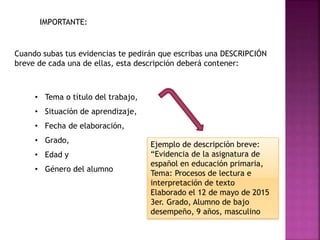 IMPORTANTE:
Cuando subas tus evidencias te pedirán que escribas una DESCRIPCIÓN
breve de cada una de ellas, esta descripción deberá contener:
• Tema o título del trabajo,
• Situación de aprendizaje,
• Fecha de elaboración,
• Grado,
• Edad y
• Género del alumno
Ejemplo de descripción breve:
“Evidencia de la asignatura de
español en educación primaria,
Tema: Procesos de lectura e
interpretación de texto
Elaborado el 12 de mayo de 2015
3er. Grado, Alumno de bajo
desempeño, 9 años, masculino
 