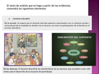 El texto de análisis que se haga a partir de las evidencias
contendrá los siguientes elementos
 