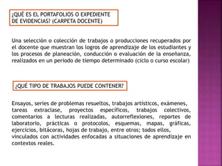 ¿QUÉ ES EL PORTAFOLIOS O EXPEDIENTE
DE EVIDENCIAS? (CARPETA DOCENTE)
Una selección o colección de trabajos o producciones recuperados por
el docente que muestran los logros de aprendizaje de los estudiantes y
los procesos de planeación, conducción o evaluación de la enseñanza,
realizados en un periodo de tiempo determinado (ciclo o curso escolar)
¿QUÉ TIPO DE TRABAJOS PUEDE CONTENER?
Ensayos, series de problemas resueltos, trabajos artísticos, exámenes,
tareas extraclase, proyectos específicos, trabajos colectivos,
comentarios a lecturas realizadas, autorreflexiones, reportes de
laboratorio, prácticas o protocolos, esquemas, mapas, gráficas,
ejercicios, bitácoras, hojas de trabajo, entre otros; todos ellos,
vinculados con actividades enfocadas a situaciones de aprendizaje en
contextos reales.
 