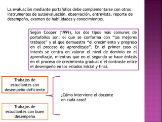 La evaluación mediante portafolios debe complementarse con otros
instrumentos de autoevaluación, observación, entrevista, reporte de
desempeño, examen de habilidades y conocimientos.
Según Cooper (1999), los dos tipos más comunes de
portafolios son: el que se conforma con “los mejores
trabajos” y el que demuestra “el crecimiento y progreso
en el proceso de aprendizaje”. En el primer caso el
interés se centra en valorar el nivel de dominio en el
aprendizaje, mientras que en el segundo se hace énfasis
en el proceso de crecimiento gradual o el contraste entre
el desempeño en los estados inicial y final.
Trabajos de
estudiantes con buen
desempeño
Trabajos de
estudiantes con
desempeño deficiente
¿Cómo interviene el docente
en cada caso?
 