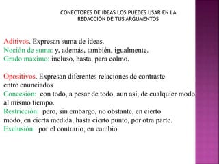 CONECTORES DE IDEAS LOS PUEDES USAR EN LA
REDACCIÓN DE TUS ARGUMENTOS
Aditivos. Expresan suma de ideas.
Noción de suma: y, además, también, igualmente.
Grado máximo: incluso, hasta, para colmo.
Opositivos. Expresan diferentes relaciones de contraste
entre enunciados
Concesión: con todo, a pesar de todo, aun así, de cualquier modo,
al mismo tiempo.
Restricción: pero, sin embargo, no obstante, en cierto
modo, en cierta medida, hasta cierto punto, por otra parte.
Exclusión: por el contrario, en cambio.
 