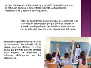 Integra el elemento autoevaluativo y permite desarrollar procesos
de reflexión personal y autocrítica; fomenta las habilidades
metacognitivas y apoya la autoregulación.
Poder de realimentación del enfoque de enseñanza y de
la actuación del profesor, porque permite valorar los
aprendizajes logrados por los estudiantes en relación
con su actividad docente y con el programa del curso.
el portafolio puede emplearse como
un instrumento de reflexión de la
propia práctica docente y como
pauta que permite planear cambios
para mejorar la enseñanza y
subsanar deficiencias en los
estudiantes.
 