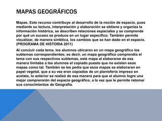 MAPAS GEOGRÁFICOS
Mapas. Este recurso contribuye al desarrollo de la noción de espacio, pues
mediante su lectura, interpretación y elaboración se obtiene y organiza la
información histórica, se describen relaciones espaciales y se comprende
por qué un suceso se produce en un lugar específico. También permite
visualizar, de manera sintética, los cambios que se han dado en el espacio.
(PROGRAMA DE HISTORIA 2011)
Al concluir cada tema, los alumnos ubicaron en un mapa geográfico los
subtemas correspondientes; es decir, un mapa geográfico comprendía el
tema con sus respectivos subtemas, este mapa al elaborarse de esa
manera limitaba a los alumnos el copiado puesto que no existen esos
mapas como tal. También se les pedía que esos mapas se elaboraran en
papel vegetal, que a su vez eran copiados de un planisferio impreso en
acetato, lo anterior se realizó de esa manera para que el alumno logre una
mejor comprensión del espacio geográfico, a la vez que le permite retomar
sus conocimientos de Geografía.
 