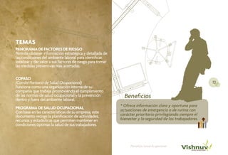 TEMAS
PANORAMA DE FACTORES DE RIESGO
Permite obtener información estratégica y detallada de
las condiciones del ambiente laboral para identificar,
localizar y dar valor a sus factores de riesgo para tomar
las medidas preventivas más acertadas.

COPASO
(Comité Paritario de Salud Ocupacional)                                                                     13
Funciona como una organización interna de su
compañía que trabaja promoviendo el cumplimiento
de las normas de salud ocupacional y la prevención
dentro y fuera del ambiente laboral.
                                                              Beneficios
                                                            * Ofrece información clara y oportuna para
PROGRAMA DE SALUD OCUPACIONAL                               actuaciones de emergencia o de rutina con
Con base en las características de su empresa, este
documento recoge la planificación de actividades,           carácter prioritario privilegiando siempre el
recursos y estadísticas que permiten mantener en            bienestar y la seguridad de los trabajadores.
condiciones óptimas la salud de sus trabajadores.



                                                                 Portafolio Salud Ocupacional
 