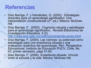 Referencias
• Díaz Barriga, F. y Hernández, G. (2002). Estrategias
docentes para un aprendizaje significativo. Una
interpretación constructivista (2ª. ed.). México: McGraw
Hill.
• Díaz Barriga, F. (2003). Cognición situada y estrategias
para el aprendizaje significativo. Revista Electrónica de
Investigación Educativa, 5 (2).
http://redie.ens.uabc.mx/vol5no2/contenido-arceo.html
• Díaz Barriga, F. (2004). Las rúbricas: su potencial como
estrategias para una enseñanza situada y una
evaluación auténtica del aprendizaje. Rev. Perspectiva
Educacional, Instituto de Educación PUCV, Chile, No.
43, primer semestre, págs 51-62.
• Díaz Barriga, F. (2006). Enseñanza situada. Vínculo
entre la escuela y la vida. México: McGraw Hill.
 