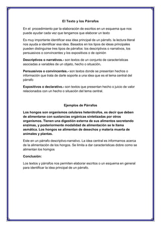 El Texto y los Párrafos
En el procedimiento par la elaboración de escritos en un esquema que nos
puede ayudar cada vez que tengamos que elaborar un texto
Es muy importante identificar esa idea principal de un párrafo. la lectura literal
nos ayuda a identificar esa idea. Basados en los tipos de ideas principales
pueden distinguirse tres tipos de párrafos: los descriptivos o narrativos, los
persuasivos o convincentes y los expositivos o de opinión
Descriptivos o narrativos.- son textos de un conjunto de características
asociadas a variables de un objeto, hecho o situación.
Persuasivos o convincentes.- son textos donde se presentan hechos o
información que trata de darle soporte a una idea que es el tema central del
párrafo
Expositivos o declarativo.- son textos que presentan hecho o juicio de valor
relacionados con un hecho o situación del tema central.

Ejemplos de Párrafos
Los hongos son organismos celulares heterótrofos, es decir que deben
de alimentarse con sustancias orgánicas sintetizadas por otros
organismos. Tienen una digestión externa de sus alimentos secretando
enzimas, y posteriormente modalidad de alimentación se le llama
asmática. Los hongos se alimentan de desechos y materia muerta de
animales y plantas.
Este en un párrafo descriptivo-narrativo. La idea central es informarnos acerca
de la alimentación de los hongos. Se limita a dar características dobre como se
alimentan los homgos
Conclusión:
Los textos y párrafos nos permiten elaborar escritos o un esquema en general
para identificar la idea principal de un párrafo.

 