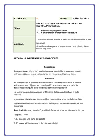 CLASE N°:

5

FECHA:

4/Novie/2013

UNIDAD III: EL PROCESO DE INFERENCIA Y LA
LECTURA INFERENCIAL
TEMA:
13.
14.

Inferencias y suposiciones
Comprensión inferencial de la lectura

- Identificar si una oración o texto es una suposición o una
OBJETIVO:

inferencia
- identificar e interpretar la inferencia de cada párrafo de un

texto o esquema

LECCION 13: INFERENCIAS Y SUPOSICIONES

Suposición
la suposición es el proceso mediante el cual se establece un nexo o vinculo
entre dos objetos, hecho o situaciones sin ninguna restricción o limite.
Inferencia
La inferencia es el proceso mediante el cual se establece un nexo o vinculo
entre dos o más objetos, hecho o situación, con respecto a una variable,
basándose en alguna pista o indicio a ser una comparación.
-la inferencia puede expresarse en términos de las características o de la
variable
-Una inferencia debe ser siempre válida para verificar si es verdadera o falsa
-toda inferencia es una suposición, sin embargo no toda suposición no es una
inferencia
Practica1: Genera y escriba 5 posibles inferencias entre los elementos del par
“Zapato- Tacón”
1. El tacón es una parte del zapato
2. El tacón del Zapato no son del mismo material

 
