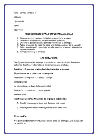 Feliz : sonrisa :: triste : ?
a) llanto
b) miserale
c) risa
d) payaso
PROCEDIMIENTOS PAA COMPLETAR ANALOGIAS
1.
2.
3.
4.
5.

Observo las dos palabras del lado izquierdo de la analogía
Determino posibles vínculos entre las dos palabras
Observo la palabra aislada del lado derecho de la analogía
Aplico el vinculo del paso 2 a cada una de las opciones de la solución
Selecciono la opción que mejor se relacione con el vinculo a la palabra
del lado derecho
6. Reviso proceso y el producto
LAS METAFORAS
Son figuras literarias del lenguaje que contienen ideas implícitas, las cuales
debemos descifrar. Toda metáfora lleva implícita una analogía
Practica 1: Encuentra el vincula de la siguientes oraciones
El presidente es la cabeza de la compaña
Presidente : Compañía :: Cabeza : Cuerpo
Vinculo: dirige
La educación es la llave de la oportunidad
Educación : oportunidad :: llave : puerta
Vinculo: abre
Practica 2: Elabora 2 Metáforas de tu propia experiencia
1. Escribir me apasiona tanto que fluye por mis venas
2. Me alegro que estén en el lugar más difícil de mi vida

Conclusión:
Nos permite Identificar el vínculo que existe entre las analogías y la realización
de metáforas

 