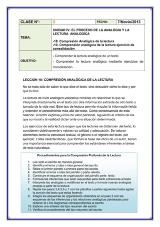 CLASE N°:

8

FECHA:

7/Novie/2013

UNIDAD IV: EL PROCESO DE LA ANALOGIA Y LA
LECTURA ANALOGICA
TEMA:
-18. Compresión Analógica de la lectura
-19. Comprensión analógica de la lectura ejercicio de
consolidación
- Comprender la lectura analógica de un texto.
OBJETIVO:

- Comprender la lectura analógica mediante ejercicios de
consolidación.

LECCION 18: COMPRESIÓN ANALÓGICA DE LA LECTURA
No se trata sólo de saber lo que dice el texto, sino descubrir cómo lo dice y por
qué lo dice.
La lectura de nivel analógico-valorativa consiste en relacionar lo que se
interpreta directamente en el texto con otra información extraída de otro texto o
tomada de la vida real. Este tipo de lectura permite vincular la información leída
y extender el conocimiento más allá del texto. Como consecuencia de esta
relación, el lector expresa juicios de valor personal, siguiendo el criterio de los
que su moral y la realidad dictan ante una situación determinada.
Los ejercicios de esta lectura exigen que los lectores se distancien del texto, lo
consideren objetivamente y valoren su calidad y adecuación. Se valoran
elementos como la estructura textual, el género o el registro del texto, por
ejemplo. Estas características, que forman la base del oficio de un autor, tienen
una importancia esencial para comprender los estándares inherentes a tareas
de esta naturaleza.
Procedimientos para la Compresión Profunda de la Lectura
1.
2.
3.
4.
5.
6.
7.

Lee todo el escrito de manera general
Identifica el tema o idea o idea general del escrito
Relee el primer párrafo o primera parte del escrito
Identificar el tema o idea del párrafo o parte releída
Construye el esquema de organización del párrafo parte leída
Formula las inferencias que sean requeridas para darle coherencia al texto
Interpreta las analogías y metáforas en el texto y formula nuevas analogías
propias a partir de la lectura
8. Repite los pasos 3,4,5,6 y 7 con los párrafos o partes siguientes hasta agotar
la porción del texto que estás leyendo
9. Integra los esquemas de organización obtenidos en el paso 5 con los
esquemas de las inferencias y las relaciones analógicas planteadas para
obtener el o los diagramas correspondientes al escrito
10. Elabora una síntesis del tipo resumen del escrito
11. Verifica el procedimiento del tipo resumen del escrito

 