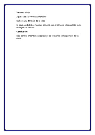Vinculo: Brinda
Agua : Sed :: Comida : Alimentarse
Elabora una Síntesis de lo leído
El agua que bebió es más que alimento para el alimento y lo aceptaba como
un regalo de navidad.
Conclusión:
Nos permite encontrar analogías que se encuentra en los párrafos de un
escrito

 