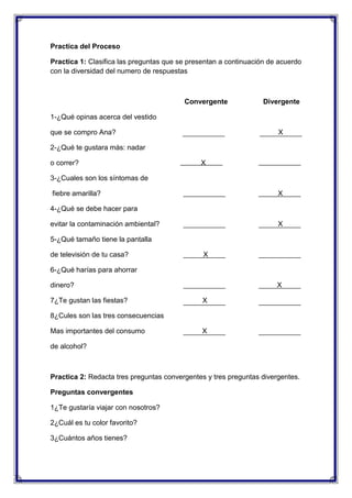 Practica del Proceso
Practica 1: Clasifica las preguntas que se presentan a continuación de acuerdo
con la diversidad del numero de respuestas

Convergente

Divergente

1-¿Qué opinas acerca del vestido
que se compro Ana?

X

2-¿Qué te gustara más: nadar
o correr?

X

3-¿Cuales son los síntomas de
fiebre amarilla?

X

4-¿Qué se debe hacer para
evitar la contaminación ambiental?

X

5-¿Qué tamaño tiene la pantalla
de televisión de tu casa?

X

6-¿Qué harías para ahorrar
dinero?
7¿Te gustan las fiestas?

X
X

8¿Cules son las tres consecuencias
Mas importantes del consumo

X

de alcohol?

Practica 2: Redacta tres preguntas convergentes y tres preguntas divergentes.
Preguntas convergentes
1¿Te gustaría viajar con nosotros?
2¿Cuál es tu color favorito?
3¿Cuántos años tienes?

 