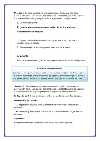 Practica 1: En cada literal se da una aseveración. Supón que esa es la
aseveración clave. Elabora dos aseveraciones de respaldo que le del sustento
a la aseveración clave, y luego formula el argumento correspondiente
a) Aseveración clave
El goce de vacaciones es una necesidad de los trabajadores
Aseveraciones de respaldo

1. Ya que ayuda a los trabajadores a distraer la mente y regresar con
muchas ganas a trabajar
2. Es un derecho de los trabajadores tener sus vacaciones

Argumento:
Las vacaciones son un goce ya que son una necesidad de los trabajadores

Argumento convincente valido
Decimos que un argumento convincente es válido cuando cumple las condiciones para
ser llamado argumento, y las aseveraciones de respaldo, en un número igual o mayor a
dos, son verdaderas y brindan un soporte fuerte o muy fuerte a la aseveración clave

Practica 2: En cada literal se da una aseveración. Supón que esa es la
aseveración clave. Elabora dos aseveraciones de respaldo que le del sustento
a la aseveración clave, y luego formula el argumento correspondiente
El deporte contribuye a mantener el buen estado físico de las personas
Aseveración de respaldo
1 .El deporte nos ayuda a tener y mantener un buen estado físico en las
personas
2.Es necesario y se lo puede practicar en la comunidad de su hogar o en un
gimnasio
Argumento:
El deporte contribuye a mantener el buen estado físico de las personas

 