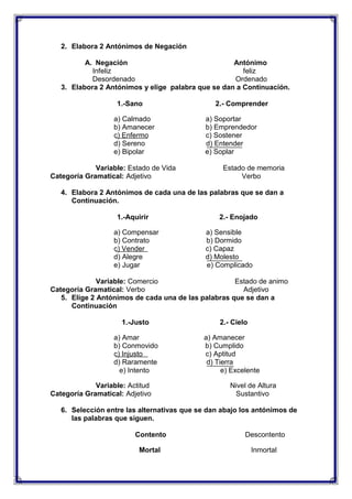 2. Elabora 2 Antónimos de Negación
A. Negación
Antónimo
Infeliz
feliz
Desordenado
Ordenado
3. Elabora 2 Antónimos y elige palabra que se dan a Continuación.
1.-Sano
a) Calmado
b) Amanecer
c) Enfermo
d) Sereno
e) Bipolar
Variable: Estado de Vida
Categoría Gramatical: Adjetivo

2.- Comprender
a) Soportar
b) Emprendedor
c) Sostener
d) Entender
e) Soplar
Estado de memoria
Verbo

4. Elabora 2 Antónimos de cada una de las palabras que se dan a
Continuación.
1.-Aquirir
a) Compensar
b) Contrato
c) Vender
d) Alegre
e) Jugar

2.- Enojado
a) Sensible
b) Dormido
c) Capaz
d) Molesto
e) Complicado

Variable: Comercio
Estado de animo
Categoría Gramatical: Verbo
Adjetivo
5. Elige 2 Antónimos de cada una de las palabras que se dan a
Continuación
1.-Justo

2.- Cielo

a) Amar
b) Conmovido
c) Injusto
d) Raramente
e) Intento

a) Amanecer
b) Cumplido
c) Aptitud
d) Tierra
e) Excelente

Variable: Actitud
Categoría Gramatical: Adjetivo

Nivel de Altura
Sustantivo

6. Selección entre las alternativas que se dan abajo los antónimos de
las palabras que siguen.
Contento

Descontento

Mortal

Inmortal

 