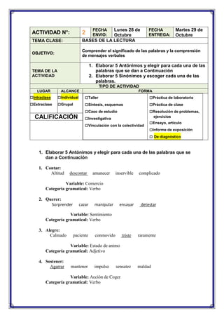 Lunes 28 de
Octubre
BASES DE LA LECTURA

2

ACTIVIDAD N°:
TEMA CLASE:

FECHA
ENVIO:

FECHA
ENTREGA:

Martes 29 de
Octubre

Comprender el significado de las palabras y la comprensión
de mensajes verbales

OBJETIVO:

1. Elaborar 5 Antónimos y elegir para cada una de las
palabras que se dan a Continuación
2. Elaborar 5 Sinónimos y escoger cada una de las
palabras.

TEMA DE LA
ACTIVIDAD

TIPO DE ACTIVIDAD
LUGAR

□Intraclase
□Extraclase

ALCANCE

□Individual
□Grupal

CALIFICACIÓN

FORMA

□Taller
□Síntesis, esquemas
□Caso de estudio
□Investigativa
□Vinculación con la colectividad

□Práctica de laboratorio
□Práctica de clase
□Resolución de problemas,
ejercicios

□Ensayo, artículo
□Informe de exposición
□ De diagnóstico

1. Elaborar 5 Antónimos y elegir para cada una de las palabras que se
dan a Continuación
1. Contar:
Altitud

descontar

amanecer

inservible

complicado

Variable: Comercio
Categoría gramatical: Verbo
2. Querer:
Sorprender

cazar

manipular

ensayar

detestar

Variable: Sentimiento
Categoría gramatical: Verbo
3. Alegre:
Calmado

paciente

conmovido

triste

raramente

Variable: Estado de animo
Categoría gramatical: Adjetivo
4. Sostener:
Agarrar

mantener

impulso

sensatez

Variable: Acción de Coger
Categoría gramatical: Verbo

maldad

 