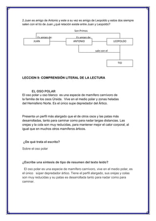 2.Juan es amigo de Antonio y este a su vez es amigo de Leopoldo y estos dos siempre
salen con el tío de Juan ¿qué relación existe entre Juan y Leopoldo?
Son Primos
Es amigo de:
JUAN

Es amigo de:
ANTONIO

LEOPOLDO
sale con el

TIO

LECCION 9: COMPRENSIÓN LITERAL DE LA LECTURA

EL OSO POLAR
El oso polar u oso blanco es una especie de mamífero carnívoro de
la familia de los osos Úrsida. Vive en el medio polar y zonas heladas
del Hemisferio Norte. Es el único supe depredador del Ártico.

Presenta un perfil más alargado que el de otros osos y las patas más
desarrolladas, tanto para caminar como para nadar largas distancias. Las
orejas y la cola son muy reducidas, para mantener mejor el calor corporal, al
igual que en muchos otros mamíferos árticos.

¿De qué trata el escrito?
Sobre el oso polar

¿Escribe una síntesis de tipo de resumen del texto leído?
El oso polar es una especie de mamífero carnívoro, vive en el medio polar, es
el único súper depredador ártico. Tiene el perfil alargado, sus orejas y colas
son muy reducidas y su patas es desarrollada tanto para nadar como para
caminar.

 
