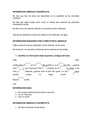 INFORMACION AMBIGUA O INCOMPLETA:
No dice que tipo de iones son absorbidos en la superficie de los minerales
arcillosos.
No dice que catión puede servir como un enlace para sostener las partículas
minerales de arcilla.
No dice como los cationes influyen en el tamaño de las moléculas.

Qué tipo de distribución tienen las cargas en las moléculas de agua.

INFORMACIÓN REQUERIDA PARA COMPLETAR EL MENSAJE.
Falta la estructura de las moléculas, de los cationes, de los iones,
No menciona en concreto la influencia de los cationes en las arcillas.

1. Identifica la información dada requerida y ambigua del texto.
Hola

José,

¿Estás libre el
venir

por la

? Me gustaría ir a la

y con Francisco? Nos

ocho y
normal
Bueno,

de hielo - ¿quieres

enfrente de la

de trenes a las

. Después ¿quieres venir al bar? No quiero ir a las
porque

no

tengo

pronto.

Luis
INFORMACION DADA:
Se reunirán enfrente de los trenes a las ocho
Va a ir Francisco
Van a ir al bar

INFORMACION AMBIGUA O INCOMPLETA:
No dice la dirección de los trenes

mucho

como
.

 