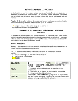 EL ORDENAMIENTO DE LAS PALABRAS
La clasificación es una forma de organizar elementos; la otra forma para organizar es
mediante el proceso de ordenamiento. Las oraciones tienen diferentes significados
cuando cambia el orden de las palabras que la forman, aun cuando las palabras sean las
mismas.
Práctica 1: Ordena las palabras de modo que formen oraciones coherentes. Escribe
la oración completa y ordenada debajo de cada grupo de palabras.
mejor - un - consiga- ojala -empleo -hermano- mi
Ojala mi hermano consiga un mejor empleo
APRENDIZAJE DEL SIGNIFICADO DE PALABRAS A PARTIR DEL
CONTEXTO
El contexto en el cual aparece una palabra determina su significado. Esta particularidad
permite precisar el significado de los conceptos que se utilizan en un escrito y puede ser
utilizada como una estrategia para extraer significados a partir de lo que se dice en los
escritos y por ende para comprender la lectura.
Práctica del proceso
Práctica 1: Encierra en un círculo la letra que corresponde al significado que se asigna en
cada oración a la palabra subrayada en ésta.
1.1.
A algunas personas les gusta construir modelos de automóviles antiguos.
Modelo:
a)
Pauta que se sigue en la realización de una cosa
b)
Persona que exhibe trajes
c)
Patrón

CLASE N°:

TEMA:

OBJETIVO:

3

FECHA:
Miércoles 30/10/2013
UNIDAD II ORGANIZACIÓN DEL CONOCIMIENTO Y LA
LECTURA LITERAL
7. Procesos básicos y esquemas de organización del
conocimiento
8. Aplicación de los mapas de conocimiento a la lectura
9. Comprensión literal de la lectura
Entender los procesos básicos y esquemas de organización
del conocimiento, aplicación de los mapas de conocimiento a la
lectura y la Comprensión literal de la lectura

 