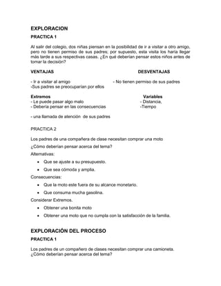EXPLORACION
PRACTICA 1
Al salir del colegio, dos niñas piensan en la posibilidad de ir a visitar a otro amigo,
pero no tienen permiso de sus padres; por supuesto, esta visita los haría llegar
más tarde a sus respectivas casas. ¿En qué deberían pensar estos niños antes de
tomar la decisión?
VENTAJAS
- Ir a visitar al amigo
-Sus padres se preocuparían por ellos

DESVENTAJAS
- No tienen permiso de sus padres

Extremos
- Le puede pasar algo malo
- Debería pensar en las consecuencias

Variables
- Distancia,
-Tiempo

- una llamada de atención de sus padres
PRACTICA 2
Los padres de una compañera de clase necesitan comprar una moto
¿Cómo deberían pensar acerca del tema?
Alternativas:
Que se ajuste a su presupuesto.
Que sea cómoda y amplia.
Consecuencias:
Que la moto este fuera de su alcance monetario.
Que consuma mucha gasolina.
Considerar Extremos.
Obtener una bonita moto
Obtener una moto que no cumpla con la satisfacción de la familia.

EXPLORACIÓN DEL PROCESO
PRACTICA 1
Los padres de un compañero de clases necesitan comprar una camioneta.
¿Cómo deberían pensar acerca del tema?

 
