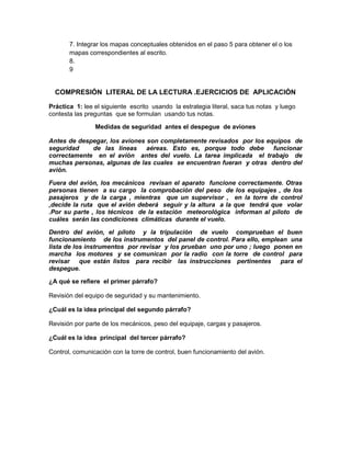 7. Integrar los mapas conceptuales obtenidos en el paso 5 para obtener el o los
mapas correspondientes al escrito.
8.
9

COMPRESIÓN LITERAL DE LA LECTURA .EJERCICIOS DE APLICACIÓN
Práctica 1: lee el siguiente escrito usando la estrategia literal, saca tus notas y luego
contesta las preguntas que se formulan usando tus notas.
Medidas de seguridad antes el despegue de aviones
Antes de despegar, los aviones son completamente revisados por los equipos de
seguridad
de las líneas aéreas. Esto es, porque todo debe funcionar
correctamente en el avión antes del vuelo. La tarea implicada el trabajo de
muchas personas, algunas de las cuales se encuentran fueran y otras dentro del
avión.
Fuera del avión, los mecánicos revisan el aparato funcione correctamente. Otras
personas tienen a su cargo la comprobación del peso de los equipajes , de los
pasajeros y de la carga , mientras que un supervisor , en la torre de control
,decide la ruta que el avión deberá seguir y la altura a la que tendrá que volar
.Por su parte , los técnicos de la estación meteorológica informan al piloto de
cuáles serán las condiciones climáticas durante el vuelo.
Dentro del avión, el piloto y la tripulación de vuelo comprueban el buen
funcionamiento de los instrumentos del panel de control. Para ello, emplean una
lista de los instrumentos por revisar y los prueban uno por uno ; luego ponen en
marcha los motores y se comunican por la radio con la torre de control para
revisar que están listos para recibir las instrucciones pertinentes para el
despegue.
¿A qué se refiere el primer párrafo?
Revisión del equipo de seguridad y su mantenimiento.
¿Cuál es la idea principal del segundo párrafo?
Revisión por parte de los mecánicos, peso del equipaje, cargas y pasajeros.
¿Cuál es la idea principal del tercer párrafo?
Control, comunicación con la torre de control, buen funcionamiento del avión.

 