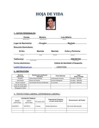 HOJA DE VIDA

1.- DATOS PERSONALES:
Correa

Moreira

Apellido Paterno

Luis Alberto

Apellido Materno

Lugar de Nacimiento:

Nombres

Ecuador
País

Machala
Ciudad

Dirección Domiciliaria:
El Oro

Machala

Machala

Colón y Pichincha

Provincia

Cantón

Parroquia

Dirección

Teléfono(s):

0981987283

Convencionales

Celular o Móvil

Correo electrónico:

Cédula de Identidad o Pasaporte:

luis6841@hotmail.com

2300073356

2.- INSTRUCCIÓN
Nivel de
Instrucción
Primaria

Nombre de la Institución
Educativa
César Dávila Andrade

Culminación Primaria

Lugar
(País y ciudad)
Ecuador - Sto Dgo.

Secundaria

Nueve de Octubre

Químico Biológicas

Ecuador – Machala

Universidad Técnica de Machala

En proceso

Ecuador - Machala

Técnico Superior

Título Obtenido

Título de Tercer Nivel
Título de Cuarto Nivel
(Posgrado) u Otros

3.- TRAYECTORIA LABORAL (EXPERIENCIA LABORAL)
FECHAS DE TRABAJO
DESDE
(dd/mm/aaa)
02/03/2013

HASTA
(dd/mm/aaa)
15/07/2013

Nº meses/ años
4 meses

Organización/ Empresa;
y el país donde laboró

Hoteles Decameron

Denominación del Puesto

Call center-telemarquista

 
