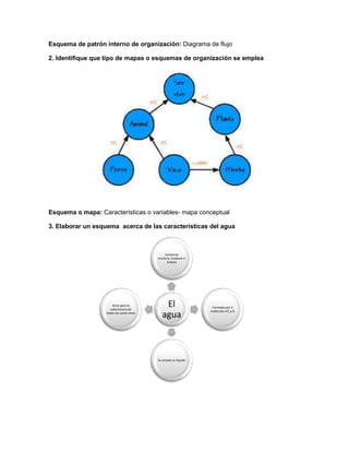 Esquema de patrón interno de organización: Diagrama de flujo
2. Identifique que tipo de mapas o esquemas de organización se emplea

Esquema o mapa: Características o variables- mapa conceptual
3. Elaborar un esquema acerca de las características del agua

Sustancia
incolora, insabora e
inolora

Sirve para la
subsistencia de
todos los seres vivos

El
agua

Su estado es líquido

Formada por 2
moléculas H2 y O

 