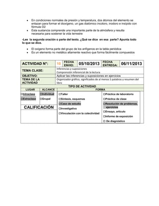 En condiciones normales de presión y temperatura, dos átomos del elemento se
enlazan para formar el dioxígeno, un gas diatómico incoloro, inodoro e insípido con
fórmula O2
Esta sustancia comprende una importante parte de la atmósfera y resulta
necesaria para sostener la vida terrestre
-Lee la segunda oración o parte del texto. ¿Qué se dice en esa parte? Apunta todo
lo que se dice.
El oxígeno forma parte del grupo de los anfígenos en la tabla periódica
Es un elemento no metálico altamente reactivo que forma fácilmente compuestos

ACTIVIDAD N°:
TEMA CLASE:
OBJETIVO:
TEMA DE LA
ACTIVIDAD
LUGAR

□Intraclase
□Extraclase

ALCANCE

□Individual
□Grupal

CALIFICACIÓN

FECHA
FECHA
05/10/2013 ENTREGA: 06/11/2013
ENVIO:
Inferencias y suposiciones
Comprensión inferencial de la lectura
Aplicar las inferencias y suposiciones en ejercicios
Organizador gráfico, significados de al menos 5 palabras y resumen del
libro
TIPO DE ACTIVIDAD

10

FORMA

□Taller
□Síntesis, esquemas
□Caso de estudio
□Investigativa
□Vinculación con la colectividad

□Práctica de laboratorio
□Práctica de clase
□Resolución de problemas,
ejercicios

□Ensayo, artículo
□Informe de exposición
□ De diagnóstico

 