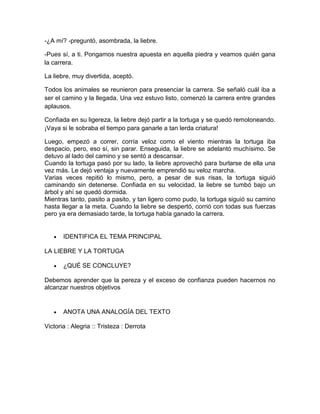 -¿A mí? -preguntó, asombrada, la liebre.
-Pues sí, a ti. Pongamos nuestra apuesta en aquella piedra y veamos quién gana
la carrera.
La liebre, muy divertida, aceptó.
Todos los animales se reunieron para presenciar la carrera. Se señaló cuál iba a
ser el camino y la llegada. Una vez estuvo listo, comenzó la carrera entre grandes
aplausos.
Confiada en su ligereza, la liebre dejó partir a la tortuga y se quedó remoloneando.
¡Vaya si le sobraba el tiempo para ganarle a tan lerda criatura!
Luego, empezó a correr, corría veloz como el viento mientras la tortuga iba
despacio, pero, eso sí, sin parar. Enseguida, la liebre se adelantó muchísimo. Se
detuvo al lado del camino y se sentó a descansar.
Cuando la tortuga pasó por su lado, la liebre aprovechó para burlarse de ella una
vez más. Le dejó ventaja y nuevamente emprendió su veloz marcha.
Varias veces repitió lo mismo, pero, a pesar de sus risas, la tortuga siguió
caminando sin detenerse. Confiada en su velocidad, la liebre se tumbó bajo un
árbol y ahí se quedó dormida.
Mientras tanto, pasito a pasito, y tan ligero como pudo, la tortuga siguió su camino
hasta llegar a la meta. Cuando la liebre se despertó, corrió con todas sus fuerzas
pero ya era demasiado tarde, la tortuga había ganado la carrera.

IDENTIFICA EL TEMA PRINCIPAL
LA LIEBRE Y LA TORTUGA
¿QUÉ SE CONCLUYE?
Debemos aprender que la pereza y el exceso de confianza pueden hacernos no
alcanzar nuestros objetivos

ANOTA UNA ANALOGÍA DEL TEXTO
Victoria : Alegria :: Tristeza : Derrota

 