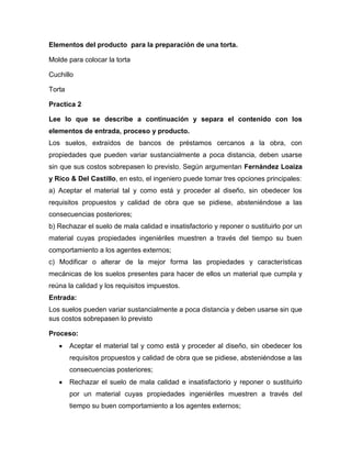 Elementos del producto para la preparación de una torta.
Molde para colocar la torta
Cuchillo
Torta
Practica 2
Lee lo que se describe a continuación y separa el contenido con los
elementos de entrada, proceso y producto.
Los suelos, extraídos de bancos de préstamos cercanos a la obra, con
propiedades que pueden variar sustancialmente a poca distancia, deben usarse
sin que sus costos sobrepasen lo previsto. Según argumentan Fernández Loaiza
y Rico & Del Castillo, en esto, el ingeniero puede tomar tres opciones principales:
a) Aceptar el material tal y como está y proceder al diseño, sin obedecer los
requisitos propuestos y calidad de obra que se pidiese, absteniéndose a las
consecuencias posteriores;
b) Rechazar el suelo de mala calidad e insatisfactorio y reponer o sustituirlo por un
material cuyas propiedades ingeniériles muestren a través del tiempo su buen
comportamiento a los agentes externos;
c) Modificar o alterar de la mejor forma las propiedades y características
mecánicas de los suelos presentes para hacer de ellos un material que cumpla y
reúna la calidad y los requisitos impuestos.
Entrada:
Los suelos pueden variar sustancialmente a poca distancia y deben usarse sin que
sus costos sobrepasen lo previsto
Proceso:
Aceptar el material tal y como está y proceder al diseño, sin obedecer los
requisitos propuestos y calidad de obra que se pidiese, absteniéndose a las
consecuencias posteriores;
Rechazar el suelo de mala calidad e insatisfactorio y reponer o sustituirlo
por un material cuyas propiedades ingeniériles muestren a través del
tiempo su buen comportamiento a los agentes externos;

 
