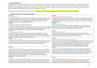 10
2. SITUACIÓN SIGNIFICATIVA
La escuela constituye un lugar significativo en la vida y rutina de los estudiantes, ya que, luego de la casa, es donde pasan más horas al día. Por esta razón, es necesario conseguir que se
desenvuelvan en un espacio seguro y saludable, lo que impactará directamente en su bienestar. Es importante que ellos reconozcan qué aspectos contribuyen o dificultan el logro de este
objetivo, así como que identifiquen qué acciones concretas pueden ser realizadas por los diferentes actores de la comunidad escolar. De esta manera, al diagnosticar, analizar situaciones,
proponer soluciones y hacerles seguimiento, se convertirán en protagonistas del cambio.
Para presentar estos retos, se plantean las siguientes preguntas: ¿cómo hacer de nuestra escuela un lugar seguro y saludable?, ¿cómo aplicar lo que hemos aprendido?
3. SECUENCIA DE SESIONES Y ACTIVIDADES A DESARROLLAR
SESIÓN 1
Recorremos la escuela
En esta sesión, las niñas y los niños realizarán un recorrido por los distintos ambientes de la escuela
con la finalidad de identificar los puntos en los cuales se generan situaciones que afectan la vida
saludable y la permanencia en un espacio seguro. Los estudiantes describirán el problema e
identificarán de qué manera se ven perjudicados por ella.
SESIÓN 2
Trazamos el recorrido realizado por la escuela
En esta sesión, las niñas y los niños prepararán una maqueta de los lugares seguros y/o espacios
saludables luego de haber realizado un recorrido por la escuela. En ella reconocerán cuáles son
los puntos controvertidos en la escuela que necesitan ser tomados en cuenta para el manejo de
la calidad de vida.
SESIÓN 3
Dialogamos para planificar las actividades de la unidad.
(asamblea Escuela Segura y Saludable: problemática)
En esta sesión, las niñas y los niños realizarán una asamblea en la que pondrán en práctica hábitos
de escucha y presentarán propuestas de actividades que se van a desarrollar en la unidad; además,
formarán brigadas que garanticen la convivencia en una escuela segura y saludable.
SESIÓN 4
Escribimos nuestro planificador
En esta sesión, las niñas y los niños retomarán lo trabajado en las sesiones anteriores, para
organizar en un planificador todas las actividades programadas. Se hará hincapié en que las
sesiones quedarán divididas en dos grandes bloques: salud y seguridad.
SESIÓN 5
¿A qué peligros nos enfrentamos?
En esta sesión, las niñas y los niños, con los insumos obtenidos en el recorrido por la escuela,
reconocerán los peligros a los que se enfrentan como escuela e identificarán los principales
fenómenos naturales que, según la zona en que se ubican, pueden ocurrir. Esto con la finalidad de
establecer las posibles amenazas a las que se ven expuestos.
SESIÓN 6
Nos preparamos para el peligro
En esta sesión, las niñas y los niños, sobre la base de lo trabajado en la sesión anterior,
elaborarán una lista de recomendaciones que pueden ponerse en práctica en la escuela, con la
finalidad de protegerse frente a la presencia de un fenómeno natural.
SESIÓN 7
Leemos una noticia importante
En esta sesión, las niñas y los niños usarán el lenguaje escrito para reflexionar acerca del contenido
de una noticia, conversar acerca del tema y sobre cómo se relaciona con su propia experiencia;
asimismo, en qué nos puede ayudar para resolver la situación significativa planteada.
SESIÓN 8
Identificamos los triángulos que podrían salvarnos la vida
En esta sesión, las niñas y los niños conocerán los denominados “triángulos de la vida” como una
propuesta de protección ante un posible derrumbe de estructuras en la escuela. En este sentido,
reconocerán en su aula y en algunos espacios de su institución lugares en los que podrían
formarse triángulos. Identificarán sus características señalando que tienen tres lados y
reconocerán sus vértices. Establecerán la relación entre diferentes tipos de triángulos.
SESIÓN 9
Espacios saludables de la escuela
En esta sesión, las niñas y los niños representarán las características de los espacios saludables de
la escuela (quioscos, biohuertos, aulas, patios, etc.) teniendo en cuenta las condiciones mínimas
adecuadas que debe tener todo establecimiento, y promoviendo prácticas de cuidado e higiene del
establecimiento y del entorno. Para desarrollar esta actividad, utilizarán la información
proporcionada por el/la docente referente a los espacios saludables y las observaciones que
realizaron en el recorrido por la escuela.
SESIÓN 10
Leemos un díptico para aprender sobre la alimentación y otros cuidados de nuestro cuerpo
En esta sesión, las niñas y los niños leerán textos y observarán imágenes que les permitirán
relacionar conceptos con su propia experiencia y con otros conceptos que se abordarán en las
sesiones sucesivas; de esta manera, serán capaces de expresar sus ideas, haciendo preguntas o
brindando opiniones acerca de la pirámide nutricional y de una alimentación saludable.
SESIÓN 11
Nos alimentamos sanamente para aprender mejor
En esta sesión, las niñas y los niños aprenderán sobre los tipos de alimentos que deben consumir
para mantenerse sanos y llevar a cabo sus actividades escolares y familiares. Para ello, buscarán
información en textos y videos referentes a los alimentos, la salud y el rendimiento físico. Con todo
SESIÓN 12
¿Qué alimentos deben venderse en un quiosco escolar?
En esta sesión, las niñas y los niños buscarán y utilizarán la información que proporciona el
cuadernillo de fichas de Ciencia y Tecnología 2 y el Ministerio de Salud sobre alimentos
saludables, para proponer una lista de alimentos que pueden ser expedidos en los quioscos
 