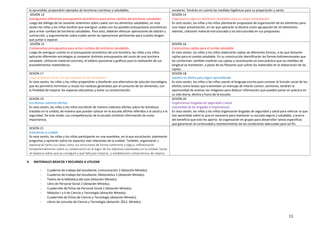 11
lo aprendido, propondrán ejemplos de loncheras nutritivas y saludables. escolares. Tendrán en cuenta las medidas higiénicas para su preparación y venta.
SESIÓN 13
Averiguamos diferentes presupuestos económicos para armar combos de loncheras saludables
Luego del diálogo de las sesiones anteriores sobre cuáles son los alimentos saludables, en esta
sesión las niñas y los niños tendrán que averiguar cuáles son los posibles presupuestos económicos
para armar combos de loncheras saludables. Para esto, deberán efectuar operaciones de adición y
sustracción, y argumentarán sobre cuáles serían las operaciones pertinentes para cuando tengan
que juntar o separar.
SESIÓN 14
Organizamos algunos alimentos saludables para su mejor presentación
En esta sesión, las niñas y los niños plantearán propuestas de organización de los alimentos para
una mejor presentación, en las que aplicarán la decena como agrupación de 10 elementos;
además, utilizarán material estructurado y no estructurado en sus propuestas.
SESIÓN 15
Comparamos presupuestos para armar combos de loncheras saludables
Luego de averiguar cuánto es el presupuesto económico de una lonchera, las niñas y los niños
aplicarán diferentes estrategias al comparar distintos presupuestos del costo de una lonchera
saludable. Utilizarán material concreto, el tablero posicional y gráficos para la realización de sus
procedimientos matemáticos.
SESIÓN 16
Construimos cajitas para el combo saludable
En esta sesión, las niñas y los niños elaborarán cajitas de diferentes formas, a las que llamarán
cajitas para el combo saludable. En su construcción identificarán las formas bidimensionales que
las conforman; también medirán sus cajitas y reconocerán en esta práctica que las medidas de
longitud se mantienen, a pesar de las flexiones que sufren los materiales en la elaboración de las
cajitas.
SESIÓN 17
¿Qué podemos hacer con los residuos de los alimentos?
En esta sesión, las niñas y los niños propondrán y diseñarán una alternativa de solución tecnológica
que les permitirá minimizar o reusar los residuos generados por el consumo de los alimentos, con
la finalidad de mejorar los espacios educativos y evitar su contaminación.
SESIÓN 18
Leemos un afiche para seguir aprendiendo
En esta sesión, los niños y las niñas usarán el lenguaje escrito para conocer la función social de los
afiches como textos que transmiten un mensaje de interés común; asimismo, tendrán la
oportunidad de analizar las imágenes para deducir información que pueden poner en práctica en
su vida diaria, dentro y fuera de la escuela.
SESIÓN 19
Escribimos nuestros afiches
En esta sesión, las niñas y los niños escribirán de manera colectiva afiches sobre las temáticas
tratadas en la unidad, de manera que puedan colocar en la escuela afiches referidos a la salud y a la
seguridad. De este modo, sus compañeros/as de la escuela recibirán información de suma
importancia.
SESIÓN 20
Organizamos brigadas de seguridad y salud
(necesidad de las brigadas e importancia)
En esta sesión, las niñas y los niños organizarán brigadas de seguridad y salud para reforzar lo que
han aprendido sobre lo que es necesario para mantener su escuela segura y saludable, y acerca
del beneficio que esto les aporta. Se organizarán en grupos para desarrollar tareas específicas
que garanticen la continuidad y mantenimiento de las condiciones adecuadas para tal fin.
SESIÓN 21
Evaluamos la unidad
En esta sesión, las niñas y los niños participarán en una asamblea, en la que escucharán, plantearán
preguntas y opinarán sobre los aspectos más relevantes de la unidad. También, organizarán y
expresarán tanto sus ideas como sus emociones de forma coherente y lógica, reflexionarán
fundamentalmente sobre su colaboración en el logro de los objetivos planteados en la unidad, harán
un balance sobre qué se consiguió y qué falta por mejorar, y establecerán compromisos de mejora.
4. MATERIALES BÁSICOS Y RECURSOS A UTILIZAR
- Cuaderno de trabajo del estudiante, Comunicación 2 (dotación Minedu).
- Cuaderno de trabajo del estudiante, Matemática 2 (dotación Minedu).
- Textos de la biblioteca del aula (dotación Minedu).
- Libro de Personal Social 2 (dotación Minedu).
- Cuadernillo de fichas de Personal Social 2 (dotación Minedu).
- Módulos I y II de Ciencia y Tecnología (dotación Minedu).
- Cuadernillo de fichas de Ciencia y Tecnología (dotación Minedu).
- Libros de consulta de Ciencia y Tecnología (dotación 2012, Minedu).
 