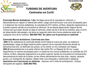 AGENCIA DE VIAJES Y
PROMOTORA DE TURISMO
RNT 27716
EN ALIANZA CON
Caminata Monos Aulladores 1 día: Se llega cerca de la cascada en vehículo, y
descendemos en rappel un lateral del cañón, luego caminamos por una zona escarpada para
ir a observar los monos aulladores, la cascada de 273 metros, la flora, después regresamos a
la parte superior donde se encuentra el vehículo. Si se desea observación segura de los
monos hay que estar donde se deja el vehículo, antes de las 5:30 de la mañana, pero si el fin
es observación del paisaje y se tiene en segundo plano los monos podemos estar allí a
cualquier hora de la mañana. $80.000 PAX. Se opera con 6 personas en adelante
Caminata Monos Aulladores .Caminata dos días:
(DIA 1) Se realizamos la caminata desde Curití hasta la cueva de yeso, se realiza la
espeleología, luego se llega hasta la parte superior de la cascada Honduras donde se
descansa ese día, se disfrutan los pozos, en la noche un rico canelazo con fogata,
(DIA 2) descenderemos a la parte inferior del cañón Por un Rappel de 40 ms. Luego
seguiremos un camino escarpado para ir a observar los monos aulladores, la cascada de 273
metros, la flora, después regresamos a la parte superior donde se encuentra el campamento,
descansamos el resto de la tarde; se les ofrece alimentación los dos días, carpas, equipos,
guías y un transporte de regreso, deben traer una chaqueta y colchoneta o sleeping,
operamos con 6 personas en adelante, reservar con 2 días de anticipación., incluye
transporte de regreso. $200.000 PAX.
TURISMO DE AVENTURA
Caminatas en Curití
 
