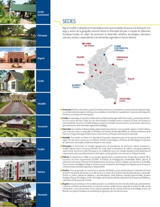 SEDES
Bajo el modelo multisedes, la Universidad provee oportunidades de acceso a la educación a lo
largo y ancho de la geografía nacional. Reúne la diversidad del país e impulsa las diferentes
fortalezas locales, en orden de promover el desarrollo científico, tecnológico, educativo,
cultural y artístico, respondiendo a las demandas regionales en forma efectiva.
Caribe
Continental
Orinoquia
Bogotá
Caribe
Medellín
Amazonia
Pacífico
Palmira
Manizales
CARIBE
San Andrés
Medellín
Manizales
Palmira
PACÍFICO
Tumaco
AMAZONIA
Leticia
Bogotá
ORINOQUIA
Arauca
CARIBE
CONTINENTAL
Valledupar
Amazonia: Produce, sistematiza y proyecta estudios amazónicos. Su propósito es que la importancia geoestratégi-
ca y ambiental de esta región contribuya a la consolidación de la Nación, impulsándose en procesos de integración
fronteriza con proyección internacional.
Caribe: Se especializa en estudios y análisis de los problemas de la región del Caribe insular y continental colombia-
no en la cuenca del Gran Caribe, por eso tiene estudios en biología marina y costeros, el Centro de Estudios en
Ciencias del Mar (Cecimar) y el Jardín Botánico, proyecto orientado a la conservación, conocimiento, valoración y
aprovechamiento de la diversidad vegetal del archipiélago.
Manizales: Sus estudios en Biotecnología y Agroindustria la posicionan como una de las mejores en el Eje Cafetero,
y por esta razón tiene un desarrollo en el Instituto de Estudios Ambientales (IDEA), en el Museo Interactivo de la
Ciencia y el Juego (Samoga), el Observatorio Astronómico y el Parque de Innovación Empresarial.
Medellín: Sus estudios en Minas y en Agricultura Tropical los representa, pues son la vocación económica de la
región. Por esta razón, cuenta con un Herbario, el Museo Entomológico y el Museo de Mineralogía, el cual posee
las colecciones más amplias y didácticas del país en este campo.
Orinoquia: La estructuran sus estudios agropecuarios, de pisciculturas, de viveros, los cultivos transitorios y
frutales, además toda su estructura florística. Por ende, tiene un laboratorio de suelos y una granja académica
experimental. Asimismo, la sede Orinoquia se ha establecido como una entidad educativa encaminada hacia el
mejoramiento de la capacidad productiva de la región, constituyéndose como pionera en el departamento.
Palmira: Su dinamismo lo refleja en sus estudios agropecuarios y específicamente de agricultura tropical. Allí se
encuentra el Centro Experimental (CEUNP), el Instituto de Investigaciones Ambientales (IDEA), además el
Laboratorio de Leches y Nutrición Animal, laboratorios de Carnes, Control y Calidad, y el Laboratorio de Semillas.
Como convenio estratégico, trabaja en conjunto con la Corporación de Investigaciones Agropecuarias (Corpoica),
y el Centro Internacional de Agricultura Tropical (CIAT).
Pacífico: Tiene proyectado ser muy fuerte en estudios del Pacífico, ya que este litoral pone a Colombia de frente
al océano más grande del mundo, y con ello frente a un campo de encuentro internacional vital para su desarrollo.
Tendría un centro cultural de indígenas y afrocolombianos, Jardín Botánico, Granjas Experimentales, Sendero
Ecológico, Parque Tecnológico, Centro Tecnológico de Productos del Mar, Laboratorio de Arquitectura Palafítica y
Laboratorio de Restauración Forestal.
Bogotá: Es la que contribuye con la unidad nacional, en su condición de centro de vida intelectual y cultural abierto
a todas las corrientes de pensamiento y a todos los sectores sociales, étnicos, regionales y locales. Por ello, asimila
críticamente y crea conocimiento en los campos avanzados de las ciencias, la técnica, la tecnología, el arte y la
filosofía. Sus mayores fortalezas son la Medicina, la Ingeniería y las Ciencias Humanas.
 