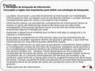 Practicas de búsqueda de información:
3. Estrategias
Conceptos o reglas más importantes para definir una estrategia de búsqueda:

 Localizar, reconocer y usar efectivamente la información son habilidades
    críticas para la vida, yo espero que los estudiantes exhiban y acojan diversas
    comprensiones que son clave y conceptos más amplios.
   Información previa. Los estudiantes competentes en información tienen al
    menos un poco de información acerca del área que él o ella están
    investigando. Esto puede significar hacer una lectura de fondo antes de
    emprender alguna investigación seria.
   Aprender a desechar el material que no lleva más lejos su pregunta o no
    soporta su información.
   El estudiante competente en información sabe que las herramientas de
    búsqueda se pueden organizar dentro de grupos o géneros, y que distintas
    herramientas son más efectivas para diferentes tareas.
   Para hallar información se sabe que el estudiante competente debe realizar
    su investigación a base de tres tipos de búsqueda palabras clave permite a
    los investigadores combinar términos de manera estratégica, por ejemplo el
    uso de las comillas, etc. Materia / tema Basándose en el vocabulario
    controlado de las bases de datos, los investigadores pueden hojear entre los
    contenidos de un conjunto estandarizado de términos de materias y de
    subtítulos, para enfocar su búsqueda como lo sugiere la estructura de la base
    de datos. Campo usualmente están localizados en las pantallas de búsqueda
    avanzada tanto en las bases de datos de suscripción como en la Web
    gratuita.
   Hallar patrones de información.
 