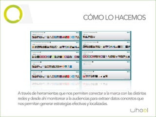 CÓMO LO HACEMOS




A través de herramientas que nos permiten conectar a la marca con las distintas
redes y desde ahí monitorear a la audiencias para extraer datos concretos que
nos permitan generar estrategias efectivas y localizadas.
 