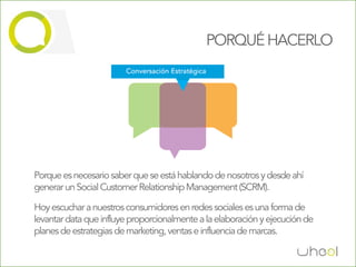 PORQUÉ HACERLO
                       Conversación estrategica




                 Publicidad                         Medios

                                    PR
Porque es necesario saber que se está hablando de nosotros y desde ahí
generar un Social Customer Relationship Management (SCRM).

Hoy escuchar a nuestros consumidores en redes sociales es una forma de
levantar data que influye proporcionalmente a la elaboración y ejecución de
planes de estrategias de marketing, ventas e influencia de marcas.
 