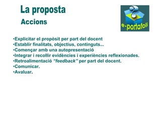 Han de recollir unes accions: 
1. Anàlisi reflexiva de la situació de partida. 
2. Desenvolupament i realització d’un pla ...