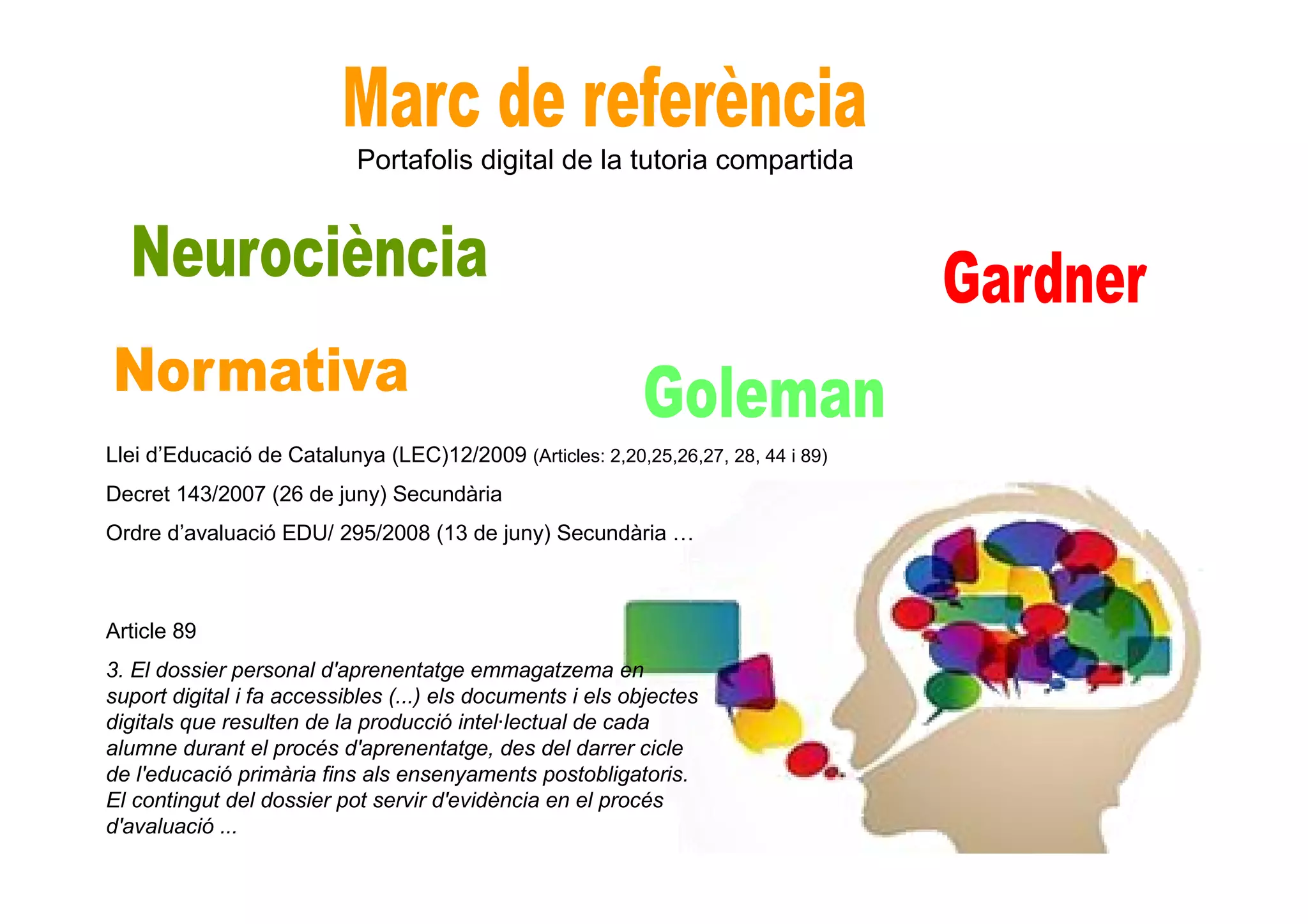 Llei d’Educació de Catalunya (LEC)12/2009 (Articles: 2,20,25,26,27, 28, 44 i 89)
Decret 143/2007 (26 de juny) Secundària
Ordre d’avaluació EDU/ 295/2008 (13 de juny) Secundària …
Article 89
3. El dossier personal d'aprenentatge emmagatzema en
suport digital i fa accessibles (...) els documents i els objectes
digitals que resulten de la producció intel·lectual de cada
alumne durant el procés d'aprenentatge, des del darrer cicle
de l'educació primària fins als ensenyaments postobligatoris.
El contingut del dossier pot servir d'evidència en el procés
d'avaluació ...
Portafolis digital de la tutoria compartida
 