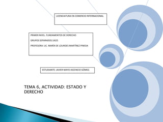 LICENCIATURA EN COMERCIO INTERNACIONAL

PRIMER NIVEL. FUNDAMENTOS DE DERECHO
GRUPOS SEPARADOS 1IX25
PROFESORA: LIC. MARÍA DE LOURDES MARTÍNEZ PINEDA

ESTUDIANTE: JAVIER MAYO ASCENCIO GÓMEZ.

TEMA 6, ACTIVIDAD: ESTADO Y
DERECHO

 