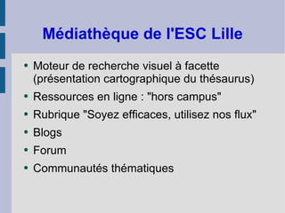 Médiathèque de l'ESC Lille Moteur de recherche visuel à facette (présentation cartographique du thésaurus) Ressources en ligne : "hors campus" Rubrique "Soyez efficaces, utilisez nos flux" Blogs Forum Communautés thématiques 
