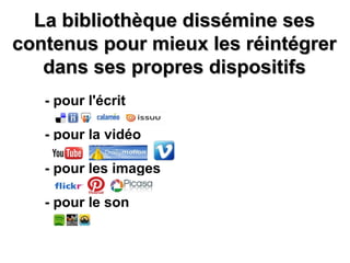 LLaa bbiibblliiootthhèèqquuee ddiisssséémmiinnee sseess 
ccoonntteennuuss ppoouurr mmiieeuuxx lleess rrééiinnttééggrreerr 
ddaannss sseess pprroopprreess ddiissppoossiittiiffss 
- pour l'écrit 
- pour la vidéo 
- pour les images 
- pour le son 
 