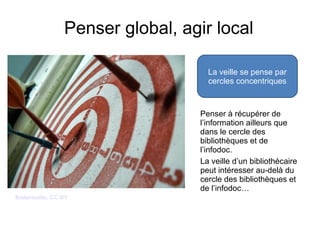Penser global, agir local 
Penser à récupérer de 
l’information ailleurs que 
dans le cercle des 
bibliothèques et de 
l’infodoc. 
La veille d’un bibliothécaire 
peut intéresser au-delà du 
cercle des bibliothèques et 
de l’infodoc… 
Bodansuditu. CC-BY 
La veille se pense par 
cercles concentriques 
 