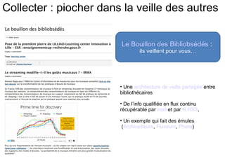 Collecter : piocher dans la veille des autres 
Le Bouillon des Bibliobsédés : 
ils veillent pour vous… 
• Une architecture de veille partagée entre 
bibliothécaires 
• De l’info qualifiée en flux continu 
récupérable par mail et par fil RSS, 
• Un exemple qui fait des émules 
(Archiveilleurs, Fluxeum, Phare) 
 