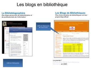 Les blogs en bibliothèque 
La Biblioblogosphère 
Des blogs personnels de bibliothécaires et 
de professionnels de l’information 
Les Blogs de Bibliothèques 
Plus d’une centaine de bibliothèques ont leur 
propre blog officiel 
Liste sur Bibliopedia 
et Touti Frouti 
Le premier ! 
Le blog de la BM de Saint-Michel-de- 
Maurienne en 2005 Liste sur Bibliopedia 
 